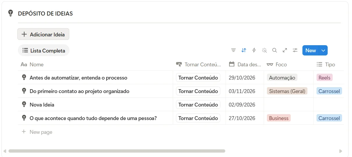 Depósito de ideias de conteúdo no Claire