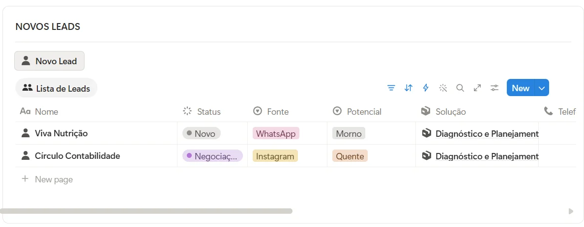 Lista de novos leads na página inicial do Claire, com status, fonte e potencial