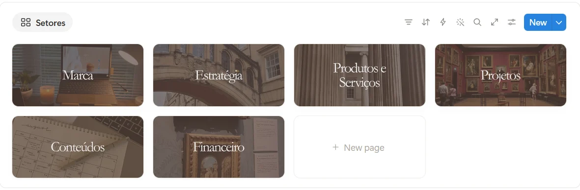 Galeria de setores do Claire: marca, estratégia, produtos e serviços, projetos, conteúdos e financeiro